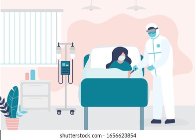 Sick woman lies in bed at the hospital. Room in hospital. Medical staff and infected patient. Health care and aid. Medical virus quarantine. Trendy vector illustration