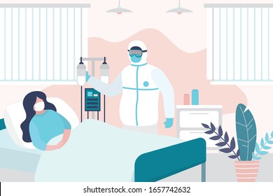 Mujer enferma yace en la cama en el hospital. Habitación en el hospital. Personal médico y paciente infectado. Atención y ayuda sanitaria. Cuarentena de virus médicos. Ilustración vectorial de moda