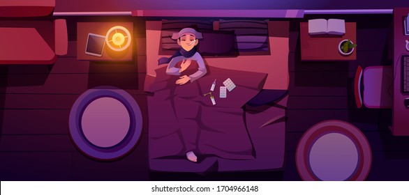 Sick woman lying in bed with fever. Night bedroom interior with sad girl under blanket top view. Vector cartoon illustration of ill woman character with thermometer in mouth and tablets on bed