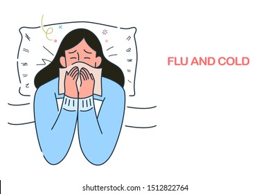 sick woman lying in bed with flu and cold under the blanket, allergy seasonal infections,  hand drawn style vector illustration.