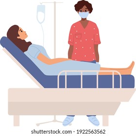 Sick Woman Lying In The Hospital Bed With Dropper. Female Dark Skin Doctor Or Nurse In Face Mask Talking To Patient. Vitamins Dripping, Iv Therapy, Cancer, Oncology. Health Care Recovery, Check Up
