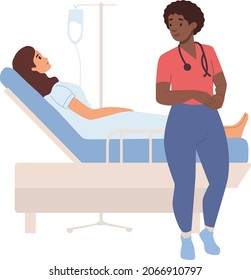 Sick woman lying in the hospital bed with dropper. Female doctor or nurse  talking to patient. Vitamins dripping, Iv therapy, cancer, oncology. Health care recovery, check up