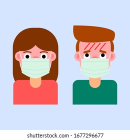sick woman and man, girl and boy wearing medical mask, two people has fever