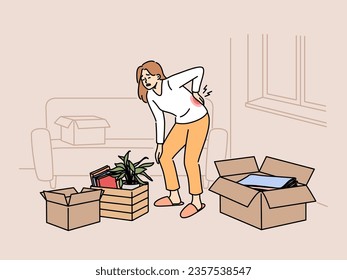 Sick woman moving to new apartment and suffers from back pain, stands among heavy boxes. Lonely tired girl suffers from sciatica or hernia due to moving on own, and needs help of movers