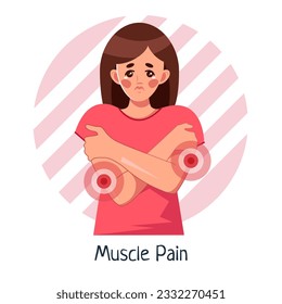 A sick woman with muscle pains and aches all over her body. Intoxication of the body, cold, flu. Vector medical illustration in cartoon style, isolated on a white background