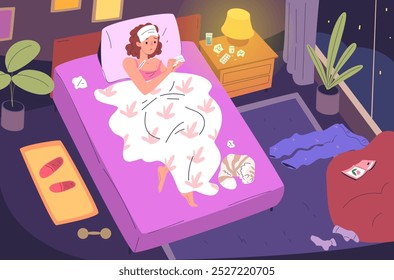 Uma mulher doente à noite. Doença de vírus doente menina preocupada com termômetro e comprimidos no quarto escuro, enxaqueca ou insônia acordado rosto deprimido, sozinho sono classy vetor ilustração original arte