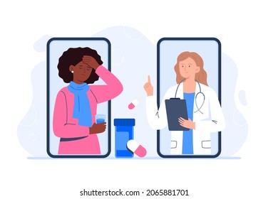 A sick woman on online consultation with a doctor. Online medical services, consultation and telemedicine concept. Vector flat illustration.