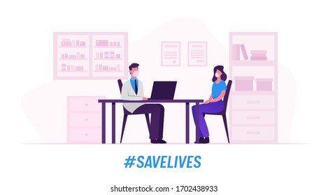 Sick Woman Patient Character Wear Medical Mask At Medicine Appointment With Doctor Working On Laptop Having Consultation With Medicine Specialist Due To Covid 19. Cartoon Vector People Illustration