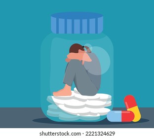 Sick woman patient in depression drowning in medication, drug addiction conceptual illustration.