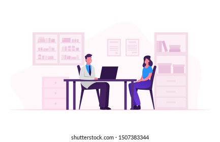 Sick Woman Patient at Medicine Appointment Sitting in Practitioner Office in front of Table with Doctor Working on Laptop Having Consultation with Medical Specialist. Cartoon Flat Vector Illustration