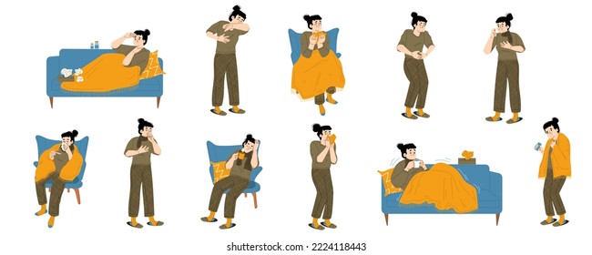Sick woman, person with flu symptoms. Diseased female character cough, sneeze, headache, sore throat, runny nose, fever. Viral infection and respiratory illness Cartoon linear flat vector illustration