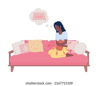 Sick woman relieving period cramps with heating pad semi flat color vector character. Editable figure. Full body person on white. Simple cartoon style illustration for web graphic design and animation