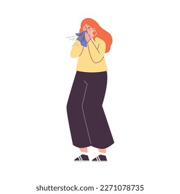 Sick woman with running nose sneezing in tissue, flat vector illustration isolated on white background. Flu and cold symptoms. Concepts of healthcare and seasonal allergy.