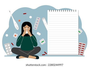 A sick woman with a runny nose holds a handkerchief. Nearby there are a lot of medicines, pills, thermometers and a large notebook for notes. Vector flat illustration