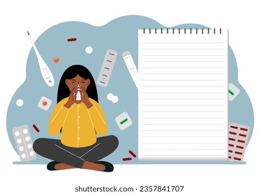 A sick woman with a runny nose holds a handkerchief. Nearby there are a lot of medicines, pills, thermometers and a large notebook for notes.