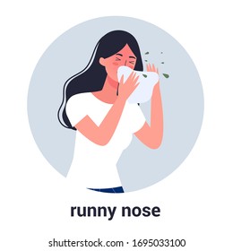 Sick woman with runny nose a symptom of flu, cold or allergy. Virus prevention and protection. Coronovirus alert. Idea of health and medical treatment. Isolated flat illustration