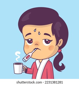 Mujer enferma con cara triste y cansada, con gripe u otra enfermedad viral. Usando termómetro y sosteniendo una taza de dibujos animados vectores de té caliente.