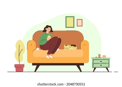 Sick woman sitting on the couch with a cup of hot drink. Fever, illness, medication, high body temperature. Healthcare and isolation concept. Modern flat vector illustration