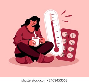 A sick woman is sitting on the floor and drinking a drink. The thermometer shows a high temperature, pills. Flat, cartoon, vector illustration