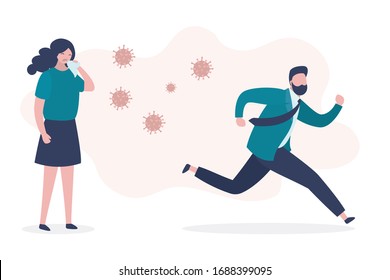 Sick woman sneezes and coughs. Spread of viral infection. Healthy man in panic runs away from virus. Social distancing. Covid-19 pandemic banner. Quarantine Failure concept. Flat vector illustration