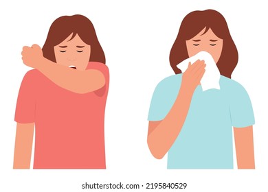 Sick woman sneezes  into the elbow, handkerchief.  How to sneeze right. Seasonal allergies.Virus prevention spread. Flat vector illustration.