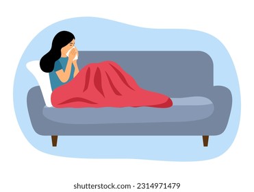 Sick woman sneezing on sofa in flat design. Flu or cold symptom.