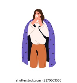 Sick woman sneezing with tissue, covering with hankerchief, hanky. Ill person suffering from running nose, snot. Flu, cold symptom. Flat vector illustration isolated on white background