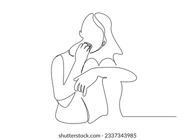 sick woman stressed fussy eating her nails illness line art