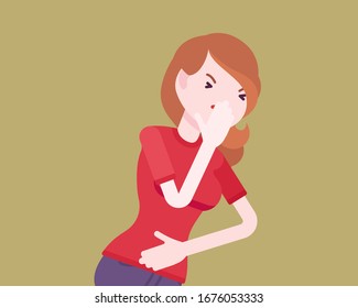 Sick woman suffering with bad virus attack, symptoms of fever, coughing. Pandemic outbreak of infection, pneumonia shortness of breath and immune system problem. Vector flat style cartoon illustration