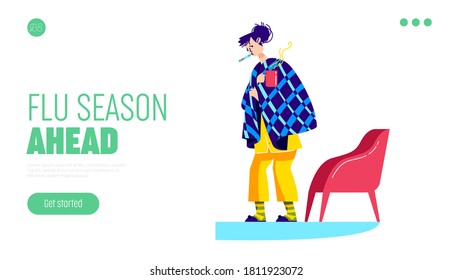 Sick woman suffering from fever. Medicine and health care landing page design with girl in blanket treating flu or seasonal virus. Cartoon vector illustration