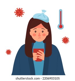 Sick woman suffering from flu with blanket. Female has fever and drinking hot tea. Cold or influenza disease concept. Season allergy.