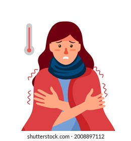 Sick woman suffering from flu with scarf and blanket. She has fever symptom. Cold or influenza disease concept.