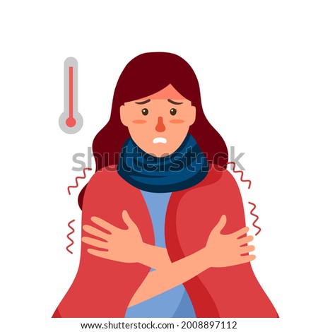 Sick woman suffering from flu with scarf and blanket. She has fever symptom. Cold or influenza disease concept.