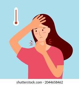 Sick woman suffering from flu. She has fever and sore throat symptom. Cold or influenza disease concept.