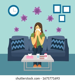 Sick woman suffering from flu sitting on sofa in living room with scarf. She Sneezing in handkerchief and has fever. Coronavirus Covid-19 influenza disease concept vector illustration.