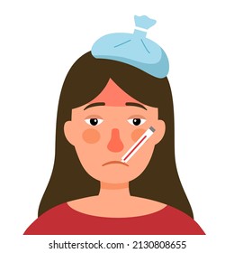 Sick woman suffering from flu and take thermometer in mouth. She has fever symptom. Cold or influenza disease concept.