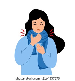 Sick woman suffering from sore throat symptom in flat design on white background.