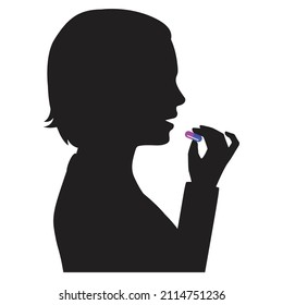 Sick woman taking a pill in to her mouth. Woman holds a pill in her hand and take it. Medication treatment, pharmacy and medicine, concept vector illustration