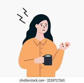 Sick woman taking pills with glass of water. Medication, treatment, pharmacy, healthcare, medicine, lifestyle concept. Flat character vector isolated illustration.