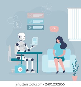 Kranke Frau spricht mit einem medizinischen Roboter. Chatbot-Assistent hilft bei der medizinischen Forschung und Behandlung. Chatten Sie mit einem Arzt, der Ihnen ein Rezept ausstellt, und einer Patientin, die Support hat. Innovationen im Gesundheitswesen. Vektorgrafik