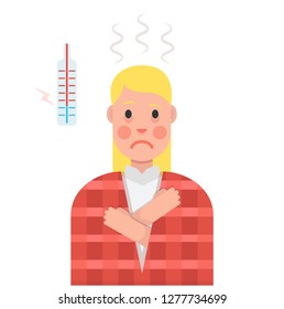 Sick woman with thermometer. Cold. Vector illustration.