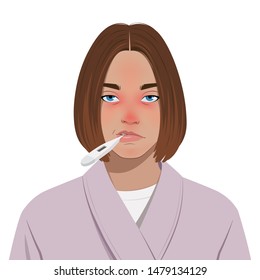 Sick woman with thermometer in mouth.