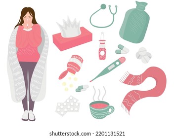 Sick woman with tissues, pills, hot water bag, thermometer, nasa