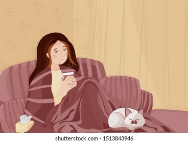 Sick woman under a blanket drinking a hot drink on the sofa. Vector illustration.