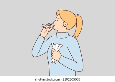 Sick woman using nasal spray suffer from runny nose. Unhealthy girl take medication struggling with cold or flu. Healthcare and medication. Vector illustration. 