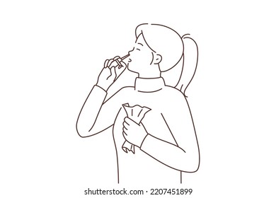 Sick woman using nasal spray suffer from runny nose. Unhealthy girl take medication struggling with cold or flu. Healthcare and medication. Vector illustration. 