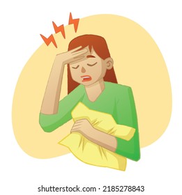 Sick woman vector illustration. Tired person under stress and depression cartoon design, sad exsausted young woman with pillow in hands. Female character with headache and problems in the head
