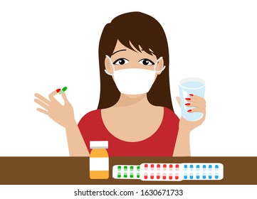 Sick woman wearing face mask holding glass of water and taking medicine pills. Vector Illustration. Isolated on white background. Idea for sickness, medical, healthcare and pharmaceutical concept.