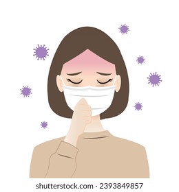 The sick woman wearing medical mask to protect disease in the air vector isolated on white background. Face mask protective virus, flu, bacteria, mycoplasma and air pollution. Healthcare concept.