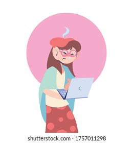 mujer enferma que trabaja en el diseño de ilustraciones de vectores de computadora